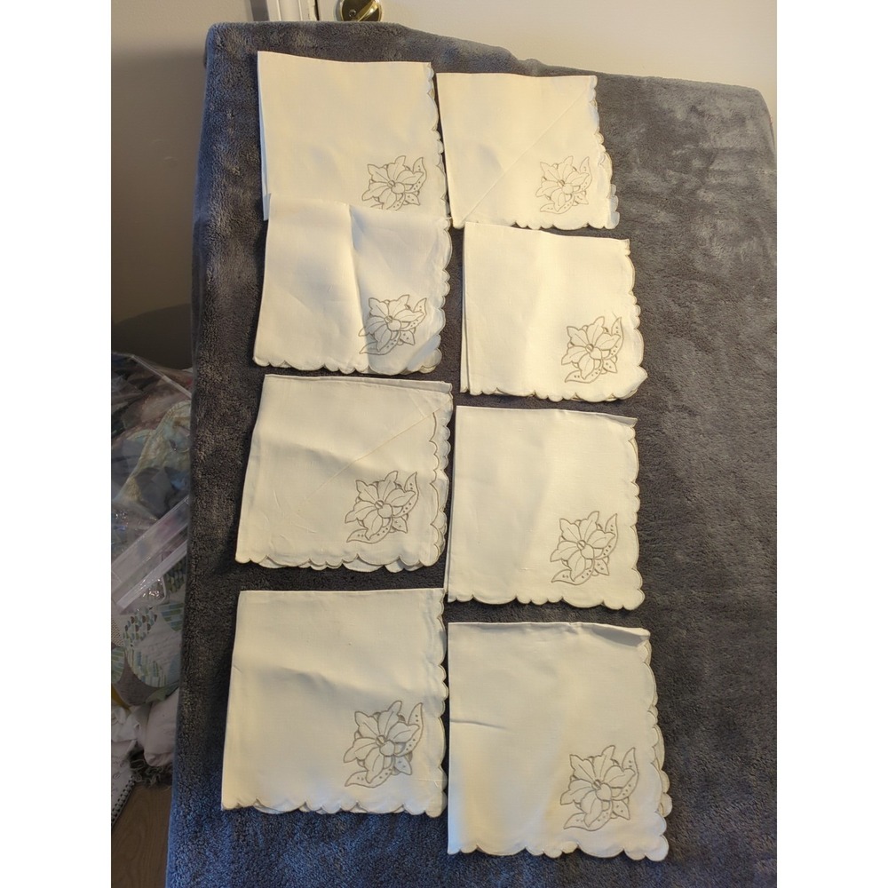 LINEN TABLE NAPKINS 6 PCS IVORY EMBROIDERED BEAUTIFUL DESIGN 16"SQ